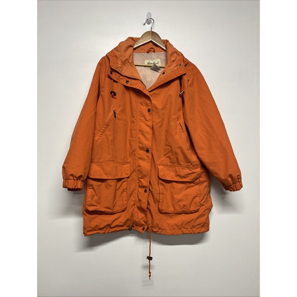 Eddie Bauer Women's Windbreaker Rain Jacket Orange Hooded Pockets Sz Small - Picture 1 of 3